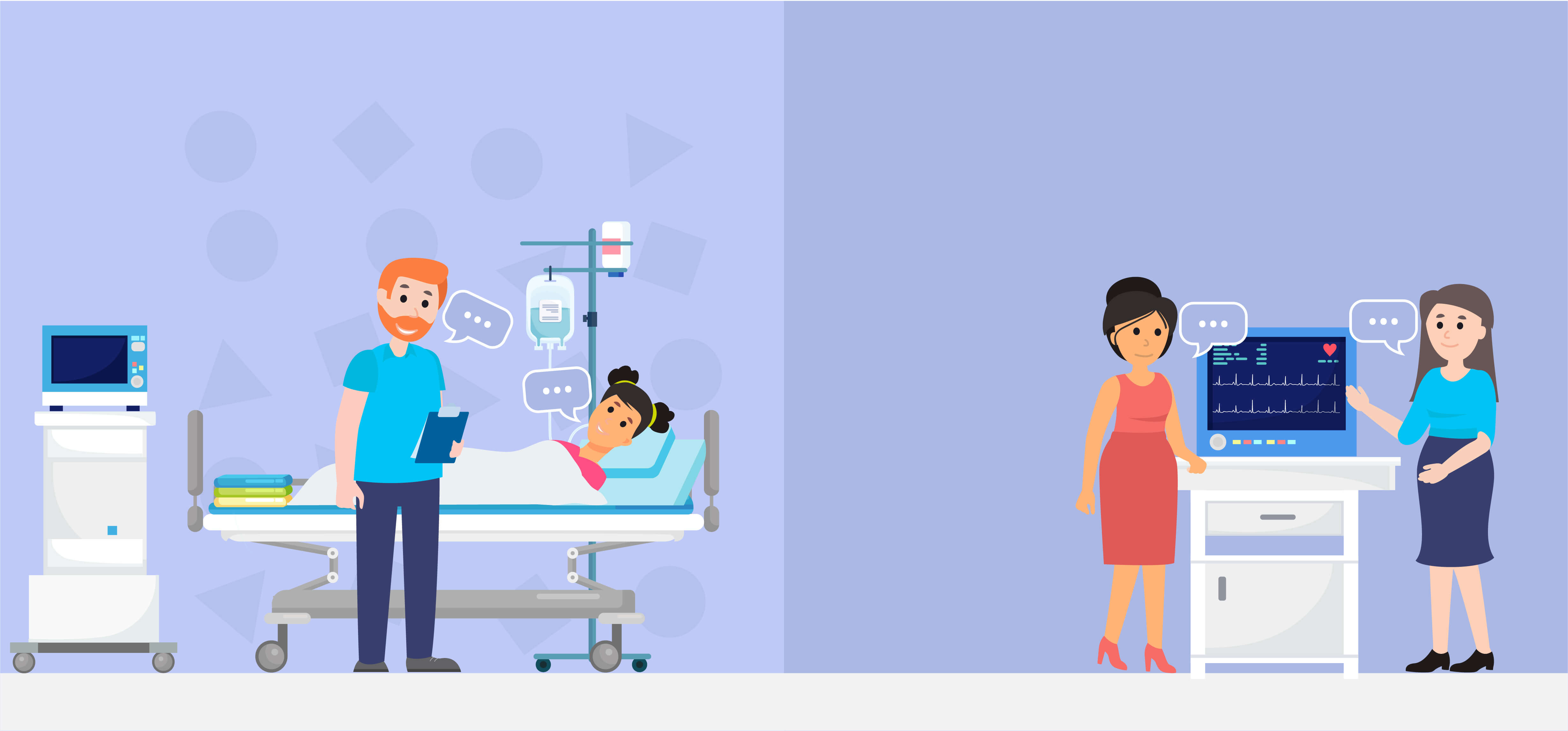 Graphic shwoing doctor talking to child in a hospital bed and parent talking to a health professional
